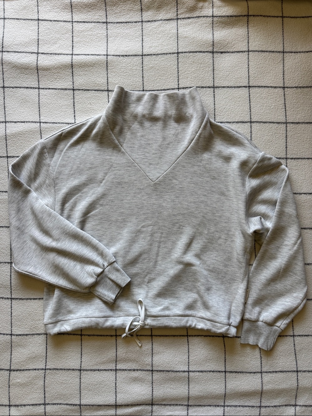 Varley Light Gray V-Neck Mock Neck Drawstring Sweater
